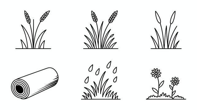 Set of agricultural and gardening vector icons showing wheat, hayroll, rain, and flowers