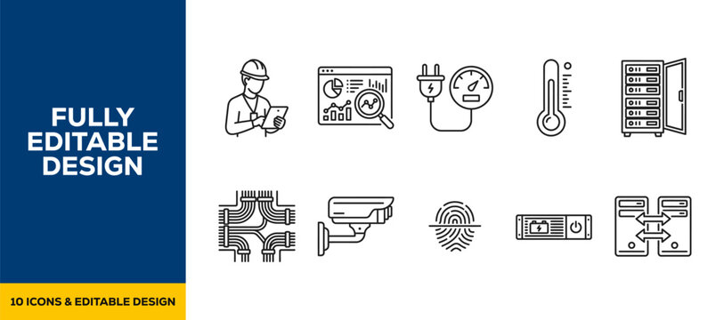 Smart city industrial monitoring flat line art vector icon bundle illustration design for urban tech automation sensor camera building and modern city infrastructure