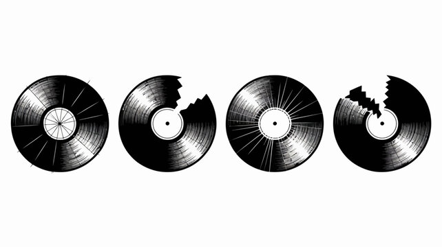 Broken vinyl records with missing pieces in black and white