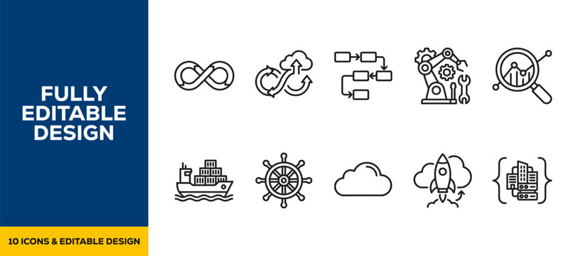 Space exploration rocket launch flat line art vector icon bundle illustration design for science mission galaxy astronaut technology universe and future research