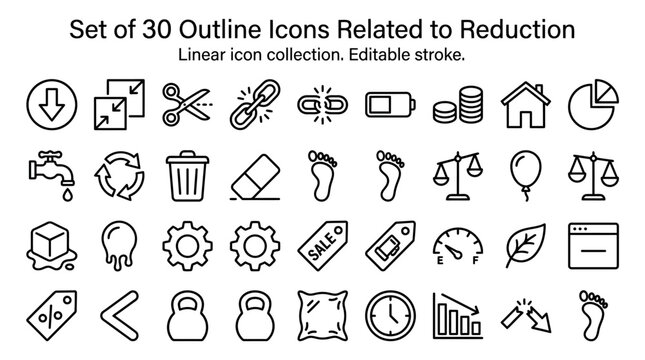 Comprehensive Collection of Thirty Minimalist Linear Vector Icons Representing Reduction Concepts Including Discount Percentage Decrease Recycling Environmental Conservation and Cost Optimization