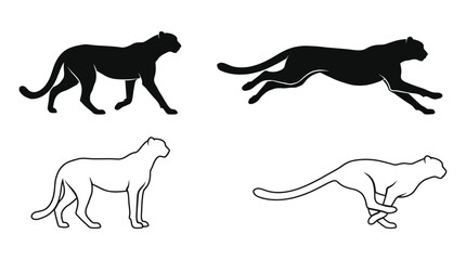 Cheetah Silhouette Set In Various Poses Black And White Silhouette © Rajia
