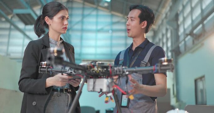 Startup Entrepreneur and Engineer Review Drone Prototype in Industrial Workshop