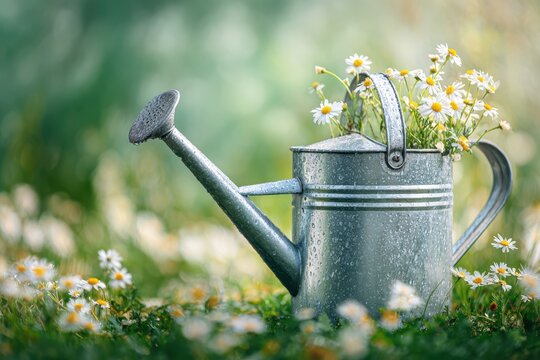 Garden background. Watering can and flowers on a green grass. Picturesque backyard lit by sunshine. Gardening summer tasks. Outdoor horticulture tools ready for plant care. Inspiration image. Banner