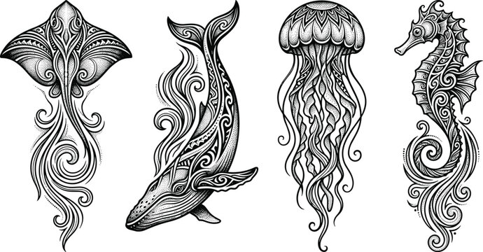 Intricate Tribal Marine Life Vector Set Featuring Ornate Stingray Whale Jellyfish and Seahorse with Detailed Stippling Pattern Tattoo Graphic Designs