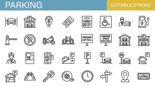 Comprehensive collection of thirty linear parking outline icons featuring editable strokes professional vector graphics set isolated on white background for transportation and traffic design