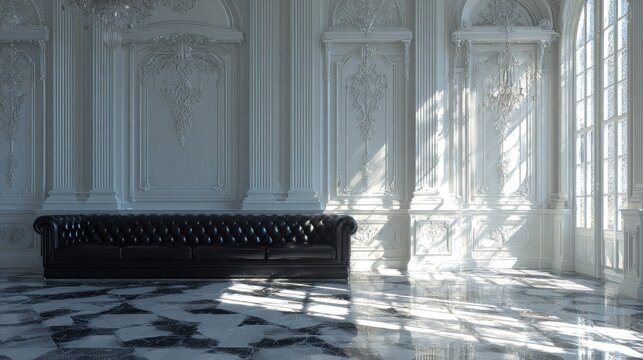 Ornate classic room interior features a dark tufted sofa against pale decorative walls and checkered floor