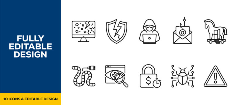 Cyber defense virus hacking flat line art vector icon bundle illustration design for data security information safety network protection hacker attack and cyber crime