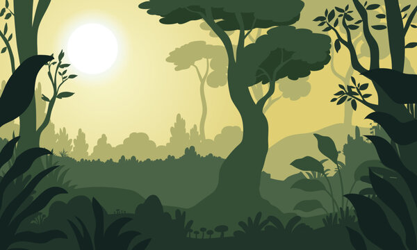 Tropical Jungle Landscape with Sunrise Flat Vector Illustration