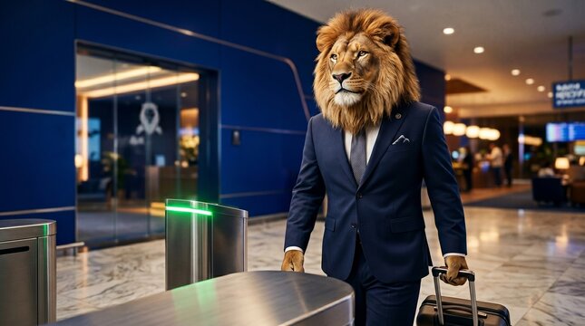 A lion in a business suit walking with luggage symbolizing VIP airport service, a creative concept for elite corporate travel.