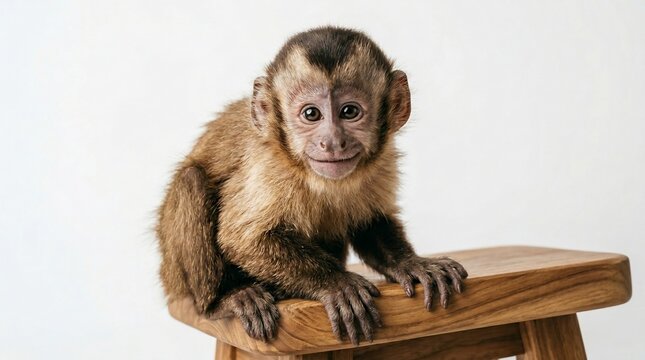 Cute monkey sitting on wooden stool looking curious