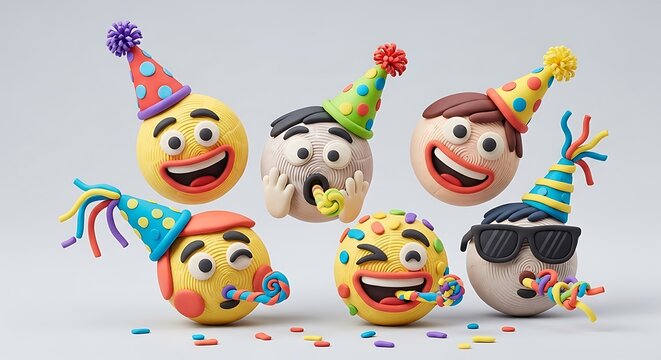 Claymation party emoji characters with birthday hats, playful plasticine faces celebrating with whistles, colorful clay figures for festive events
