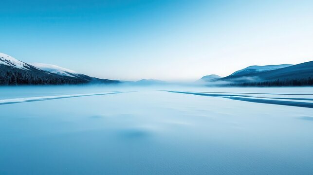 Haunting morning in quiet valley, mist dancing across frozen ground