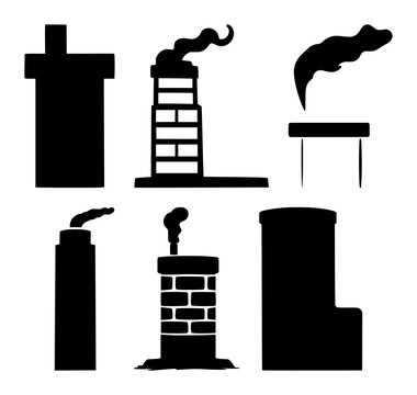 Solid black icon, white background: chimney icon set with simple line art design featuring simple design, minimalist, black and white with illustrations and graphics