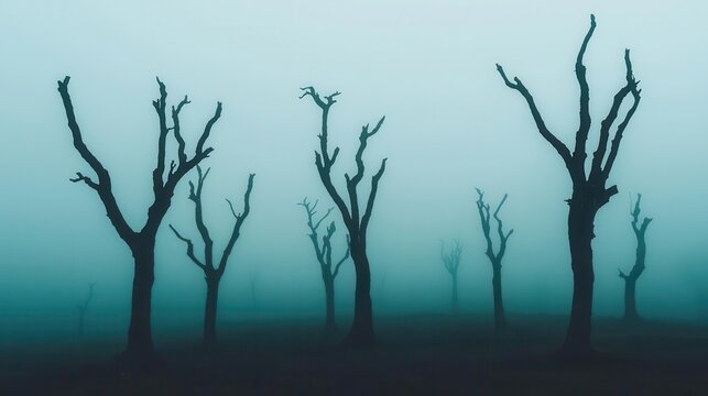 Haunting line of trees standing in open misty valley, chilled air motionless