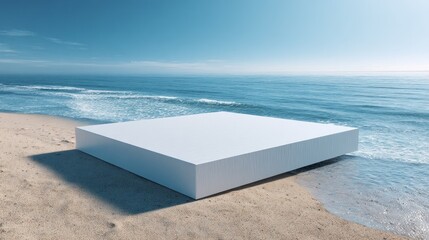 Fototapeta premium Minimalist white platform rests on a sunny beach beside gently rolling ocean waves