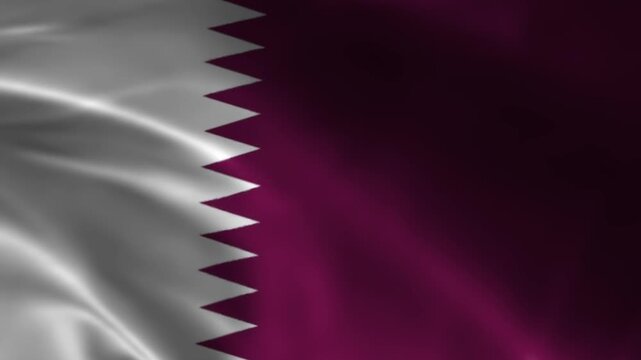 Qatar flag waving slowly in wind on a dark purple and white background with a serrated edge, national symbol of qatar in slow motion.