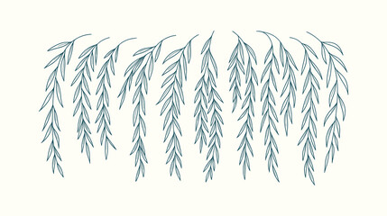 Hand Drawn Weeping Willow Tree Branches Botanical Foliage Illustration Minimalist Vector Art Set © Tajul