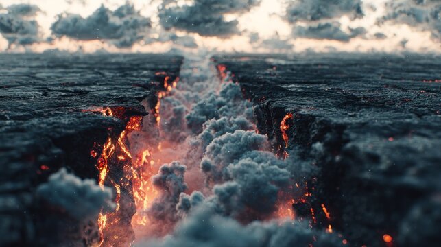Deep chasm splits the earth's surface releasing intense heat and thick vapor