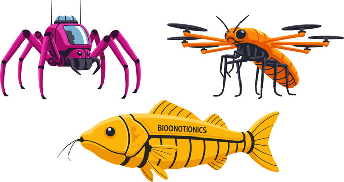 Biomimetic Robot Vector Set Featuring Mechanical Spy Spider Insect Drone with Propellers and Bionic Golden Fish for Advanced Technological Conceptual Designs
