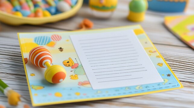 New Baby Card with a baby rattle on the left side and a writing space area on the right side for a welcoming message