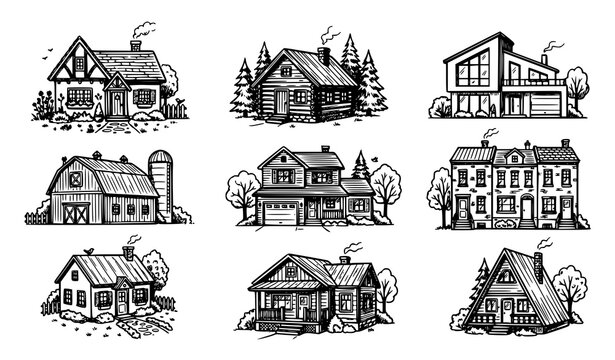Rustic Cabin and Countryside House Sketch Collection