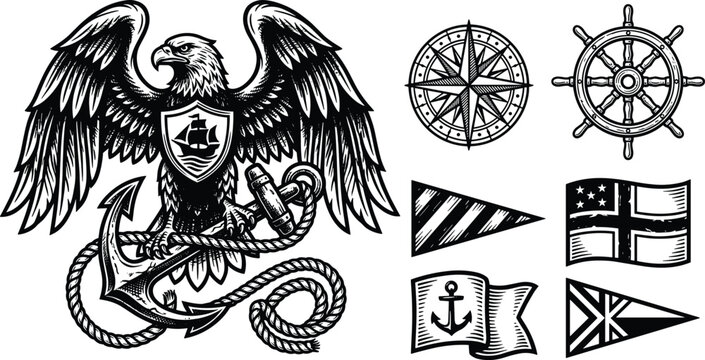 Vintage Nautical Heraldry Vector Set with Bald Eagle Crest Shield Anchor Rope Compass Rose Ship Wheel and Maritime Flags in Woodcut Style