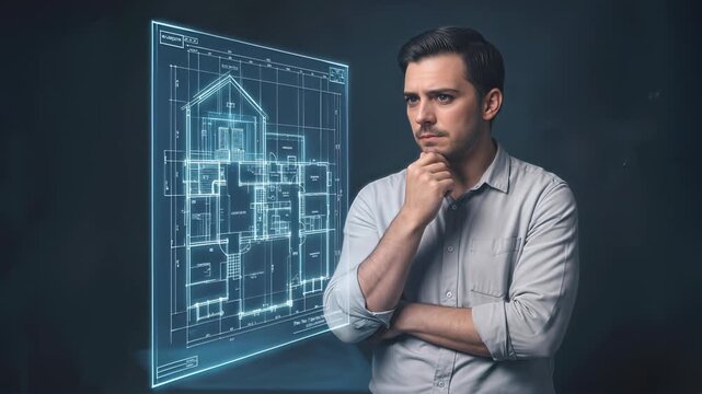 Architect analyzing digital holographic house blueprint. Professional engineer examining residential floor plan on futuristic interface. Static medium shot.