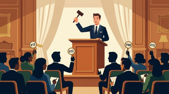 Auctioneer raising gavel at podium with bidders holding number paddles in auction