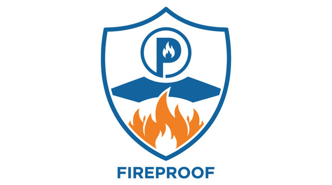 Fireproof fire resistant material icon for safety protection. Flame heat and burn hazard sign. Professional shield icon representing material shielded against fire and extreme temperatures.