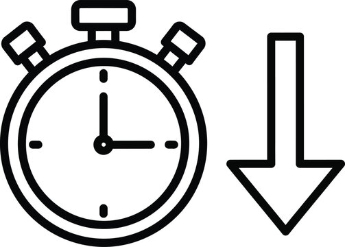 Line art icon representing a stopwatch next to a downward pointing arrow symbolizing time reduction or savings
