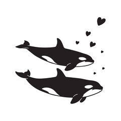 Fototapeta premium Two Swimming Orca Killer Whales Surrounded by Love Hearts Vector Design.