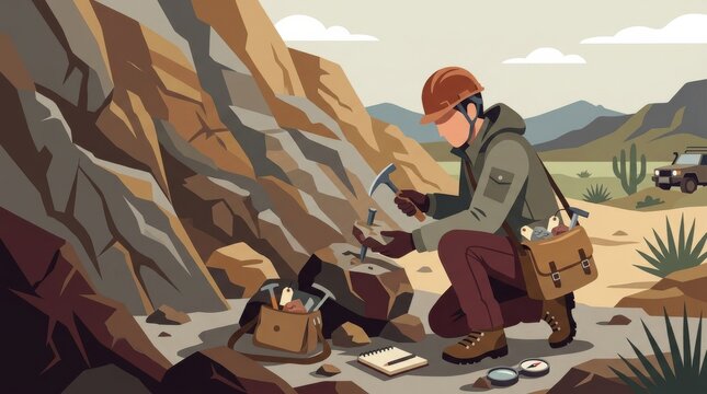 Geologist examining rock samples in a desert landscape while analyzing topaz