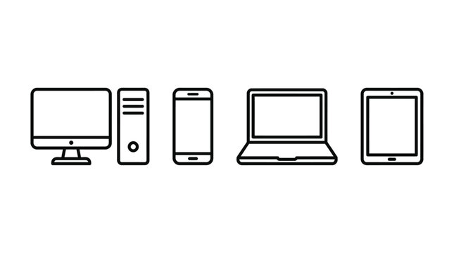 Electronic device icon set featuring outline vector illustration of desktop computer, smartphone, laptop, and tablet for responsive web design and digital interface isolated on white background.