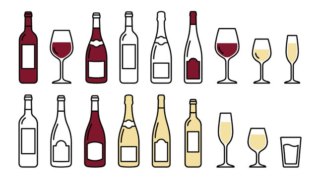 Comprehensive collection of minimalist wine bottle types and alcohol glass vector illustrations featuring colorful flat line outline icons and abstract silhouettes isolated on white background.