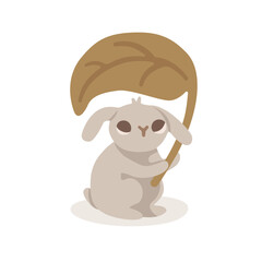 Naklejka premium Cute bunny with autumn leaf. Rabbit character, hand drawn fluffy animal. Adorable flat vector illustration charming woodland hare isolated on white background. Cozy nursery design.