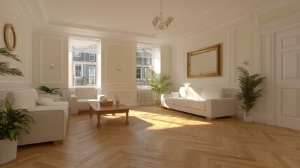 Fototapeta premium Elegant, sunlit drawing room features classic architectural details and comfortable seating
