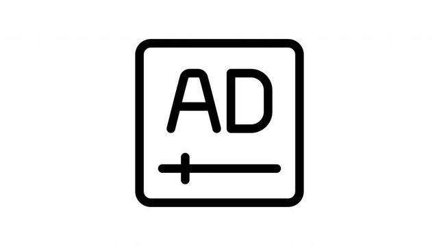Animated advertising video icon showing bouncing ad letters and progress line motion