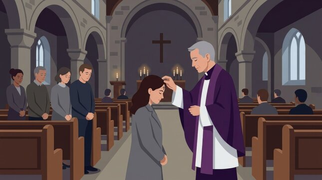 Priest applying ash cross on the forehead of a woman in church setting