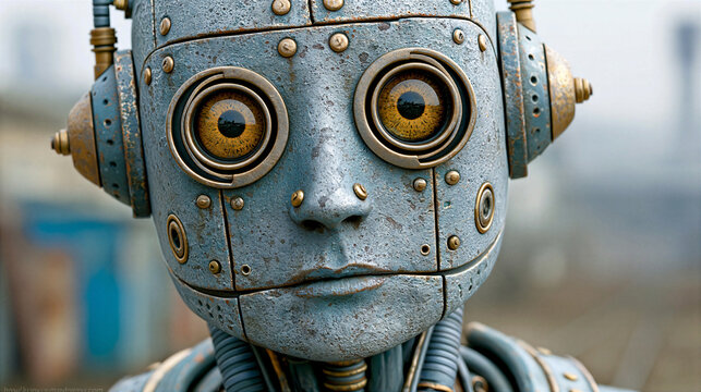 Portrait of a vintage rusty robot with human eyes. Surreal mechanical character with metal texture and industrial headphones. Futuristic machine design, sci-fi concept art, close-up.