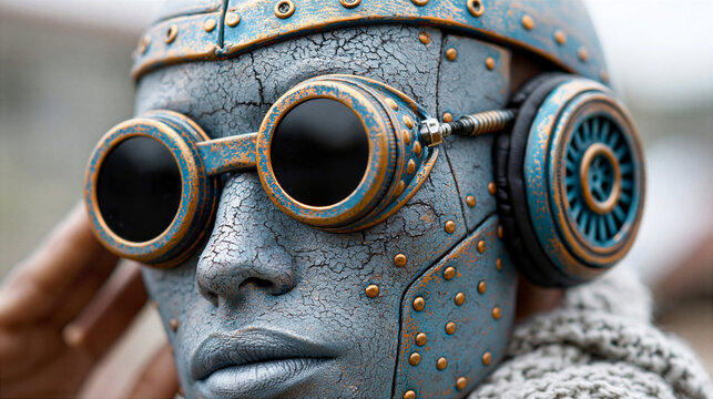 Мan wearing steampunk mechanical mask with cracked texture and vintage goggles. Surreal portrait of metallic cyborg face. Futuristic retro science fiction character design concept.