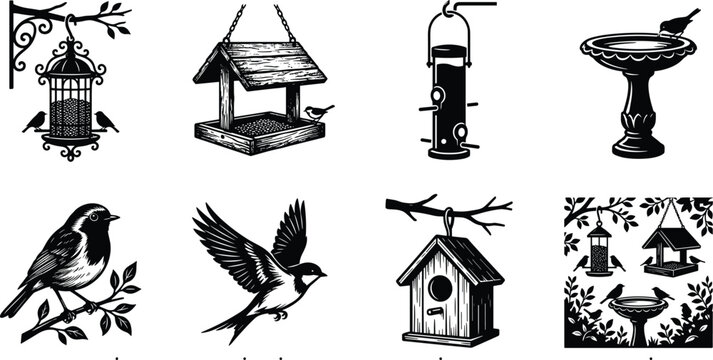 A collection of garden bird feeder and birdhouse linocut vector illustrations featuring backyard songbirds, birdbaths, and nesting boxes
