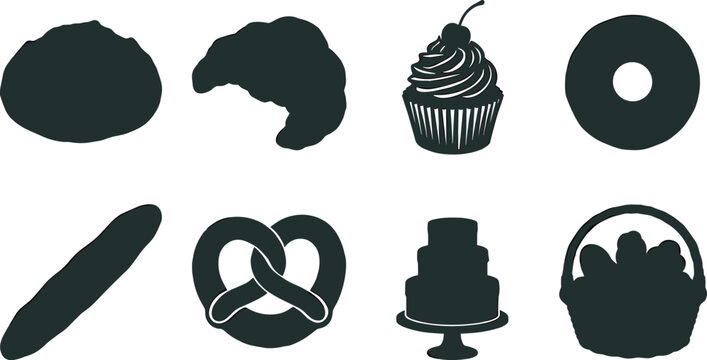 Bakery and pastry black silhouette icon set featuring bread croissant cupcake donut baguette pretzel tier cake and basket