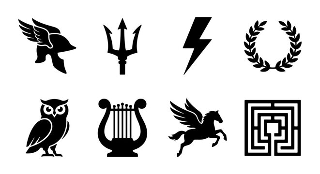 Ancient Greek Mythology Icons Set: Pegasus, Owl, Trident, Laurel Wreath, Maze, Lightning Bolt, Lyre, Helmet
