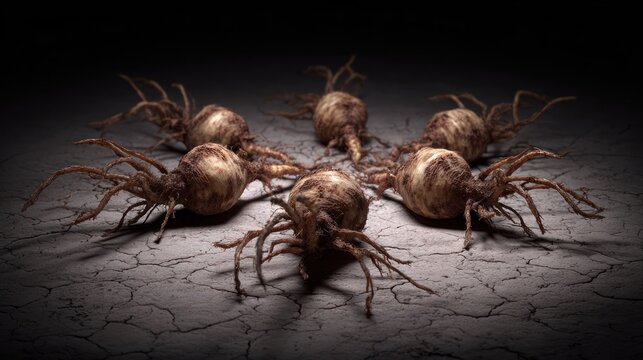 Multiple strange bulbous organisms with root-like appendages rest on dry, cracked earth under dim lighting