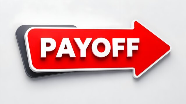 Red 3D arrow with payoff text pointing forward representing financial return on investment and successful business outcome