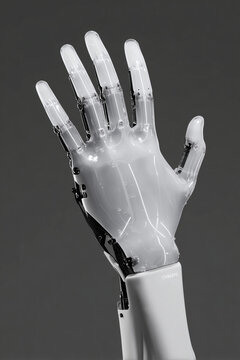 Humanoide Roboterhand in Nahaufnahme. Futuristisches Technologie-Motiv f&uuml;r K&uuml;nstliche Intelligenz, Robotik, Automatisierung, Innovation und die Zukunft der Mensch-Maschine-Interaktion.