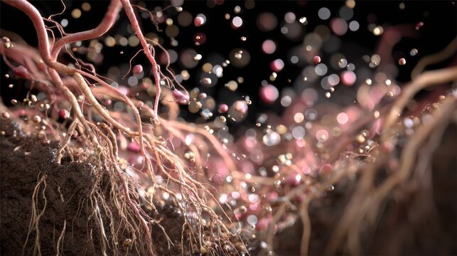 Subterranean plant root system interacts with nutrient particles suspended in dark soil environment