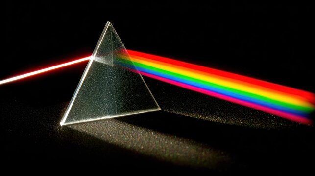 Clear glass triangular prism separates white light into a vibrant spectrum against a dark background.