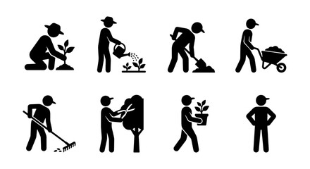 Fototapeta premium Gardening Icon Set: Planting, Watering, Digging, Raking, Pruning, Carrying Plants, 8 Icons
